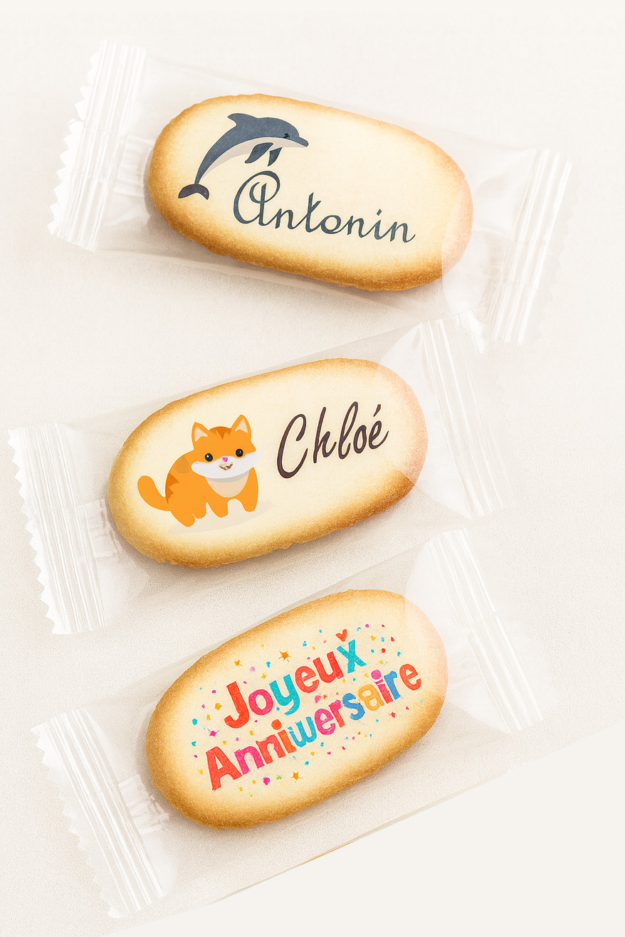 Biscuits imprimés et ensachés, langue de chat - gourmandises.decors-fins.com