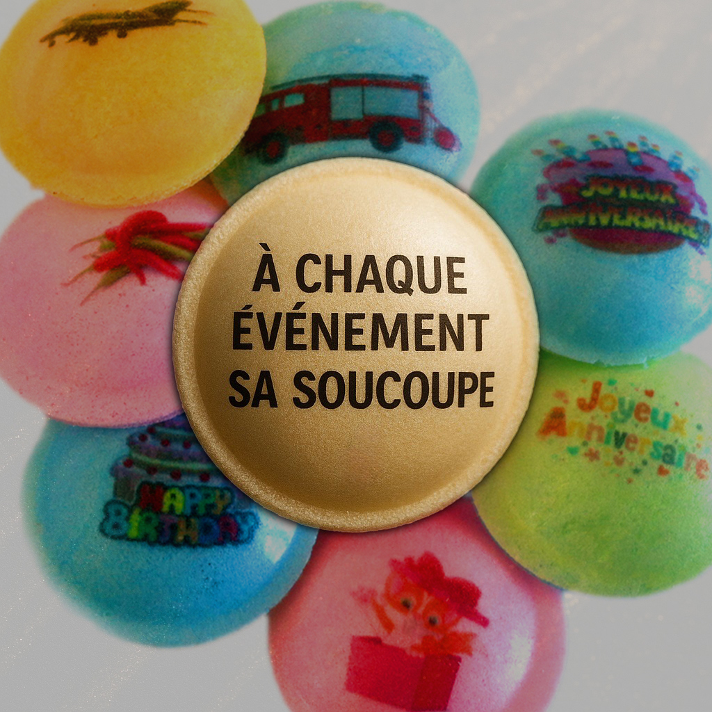 Bonbons imprimés, soucoupes personnalisées, cachets citriques en couleurs assorties x 50